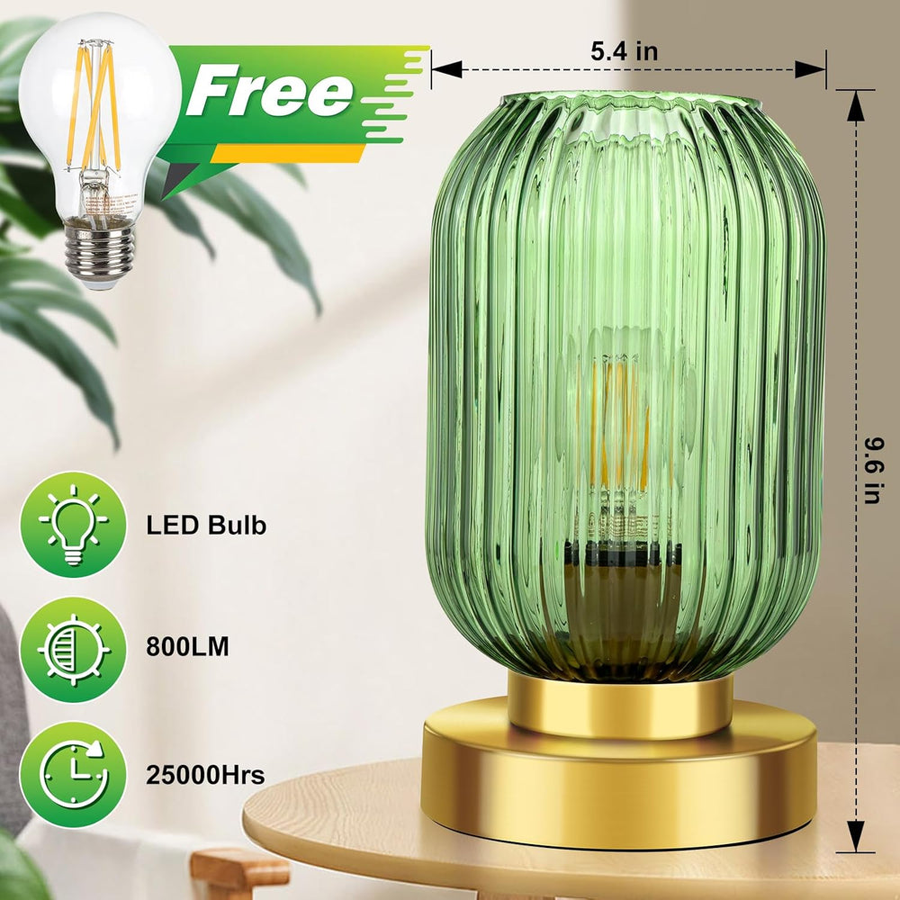 Mid Century Modern Table Lamp, Touch Control & 3 Way Dimmable, Green Ribb...