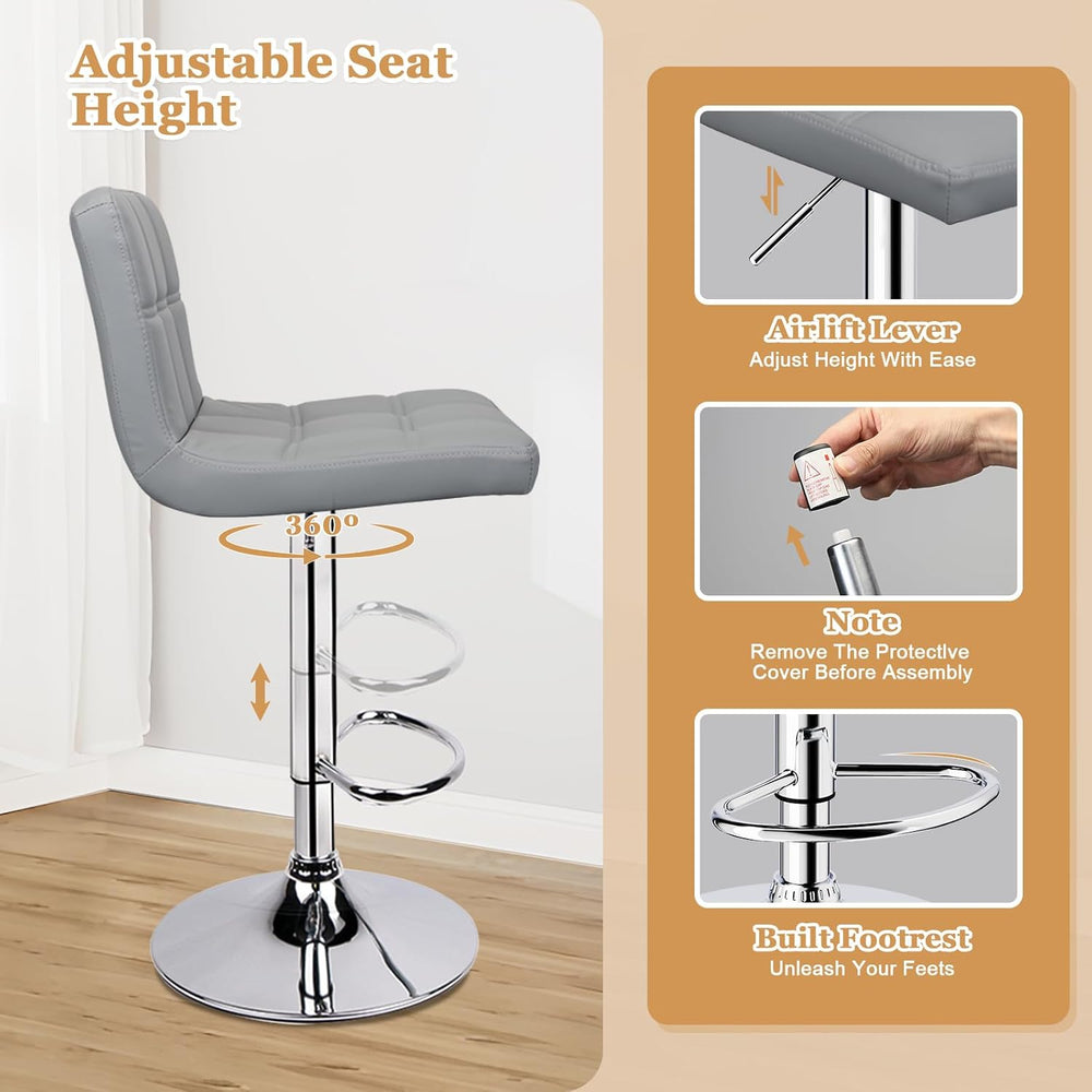 Bar Stools Set of 2 Adjustable Height Barstools with Back, Light Gray