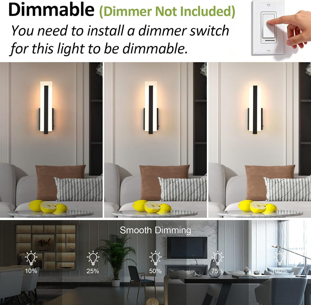 Tipace Hardwired Black Dimmable Modern LED Wall Sconce 3000K 3500K 4000K 5000...
