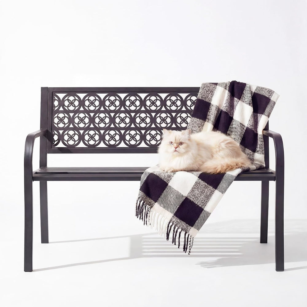 44" Outdoor Garden Bench, Iron Metal Frame Patio Bench with Backrest and...