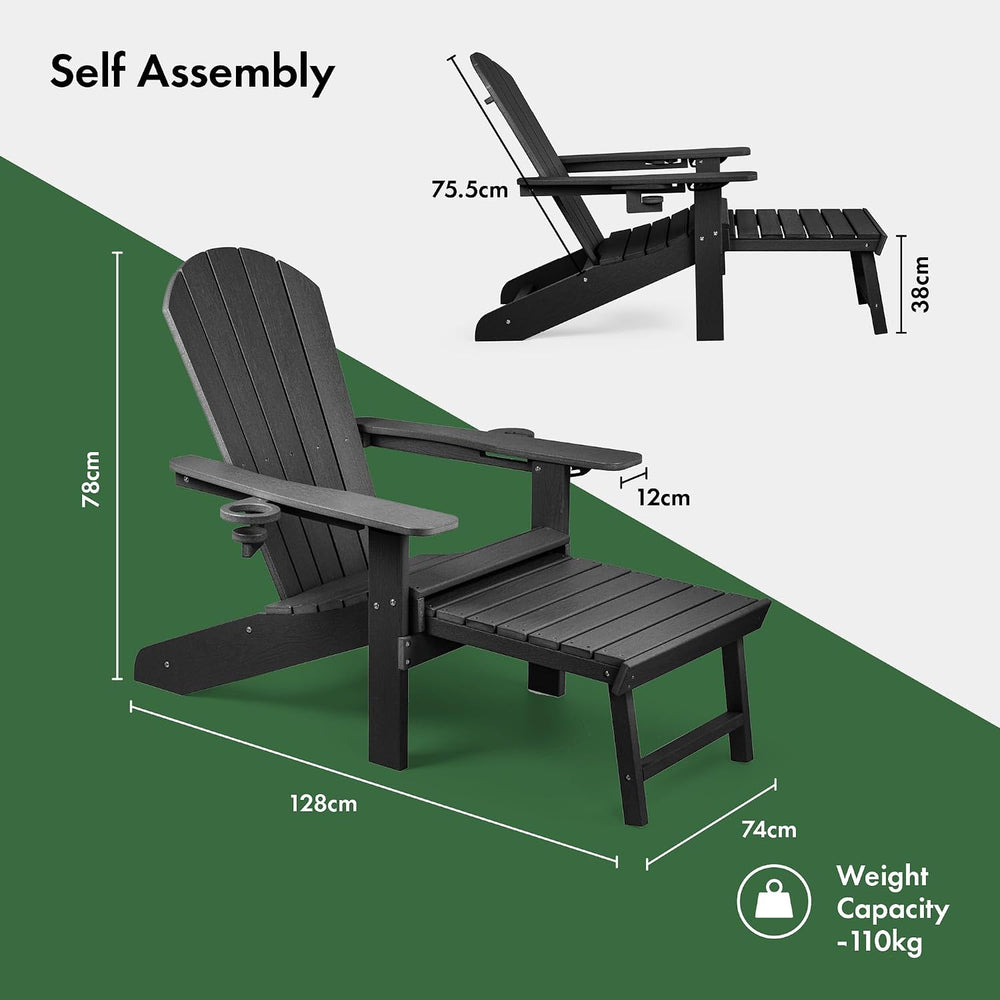 VonHaus Black Adirondack Chair Set of 2 - Reclining Slatted Style Garden Chai...