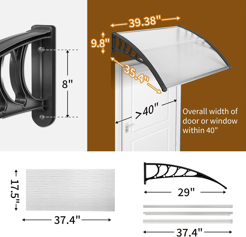 Outvita 39"x38" Window Awning Canopy, PVC Panel & Bracket