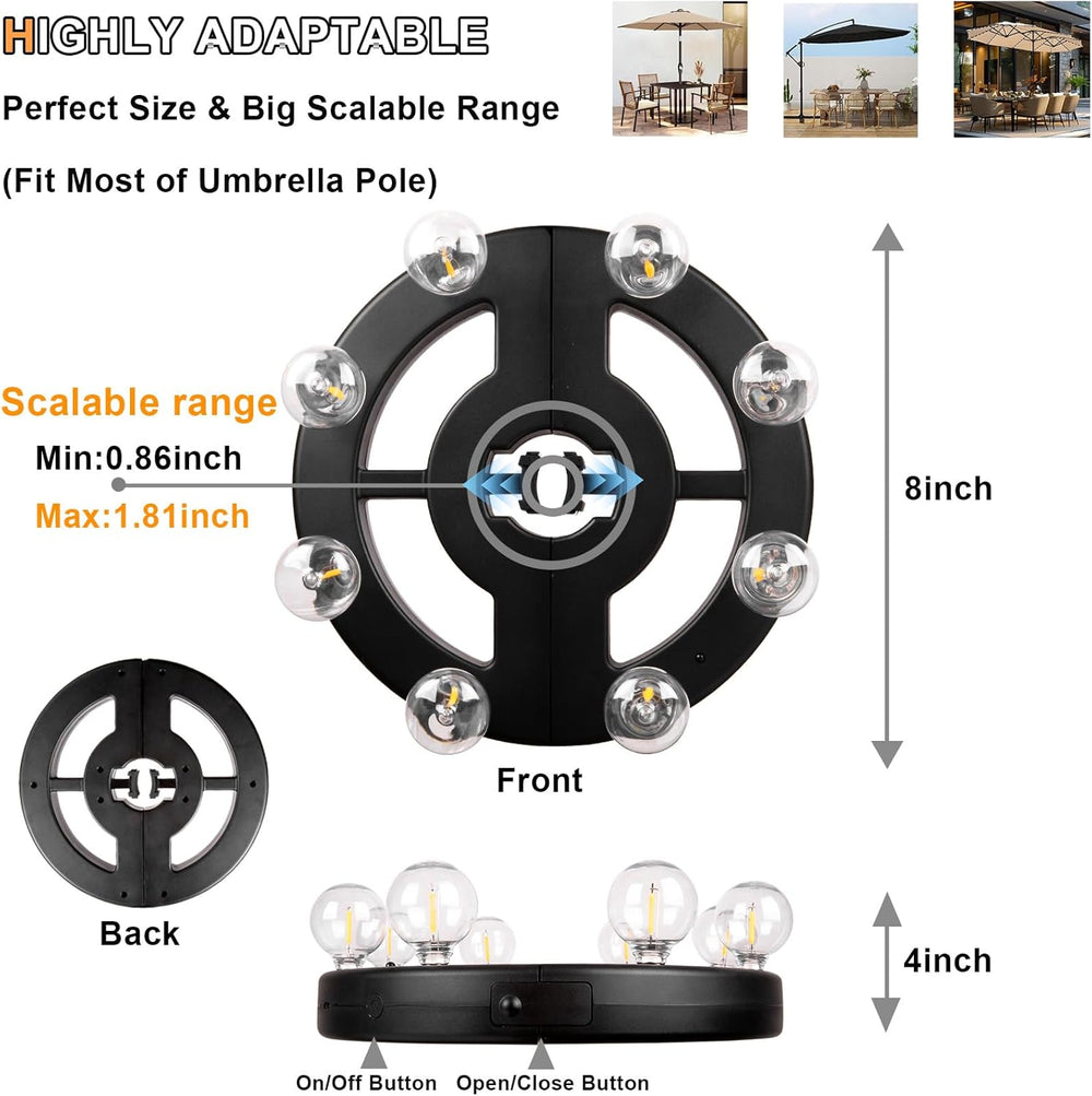 Umbrella Lights Outdoor Patio, Rechargeable Cordless, 8 LED Bulbs