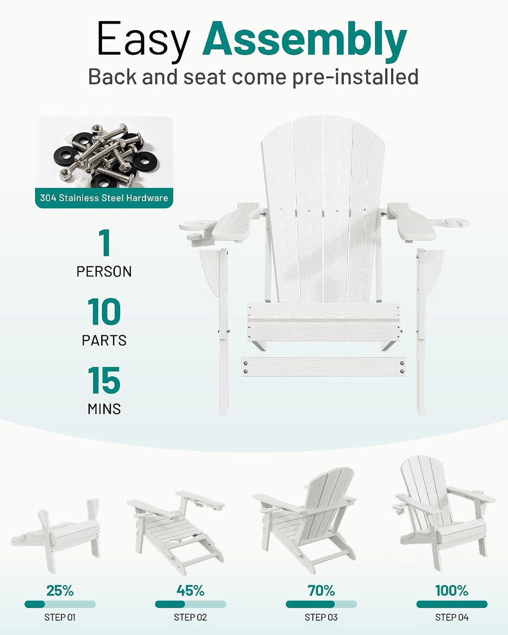 PLUUV Folding Adirondack Fire Pit Chairs Set of 6 with Cup Holders,White