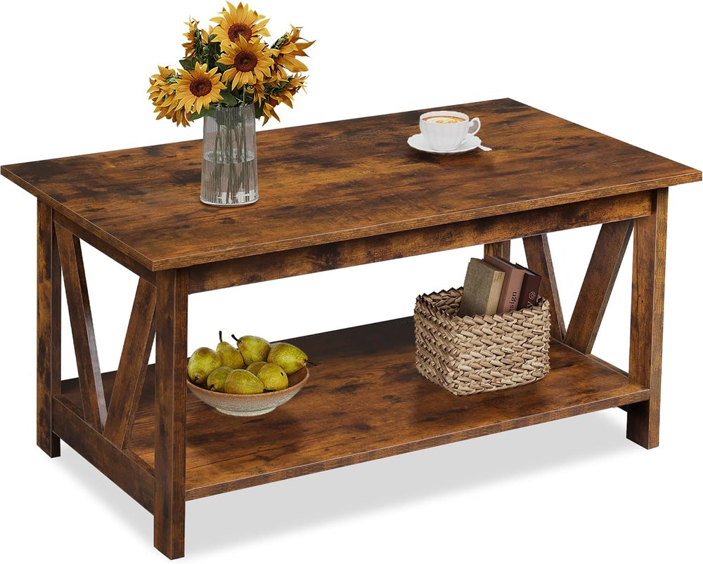 WLIVE 39.4" Farmhouse Coffee Table, Wood Center Table Storage Dark Brown