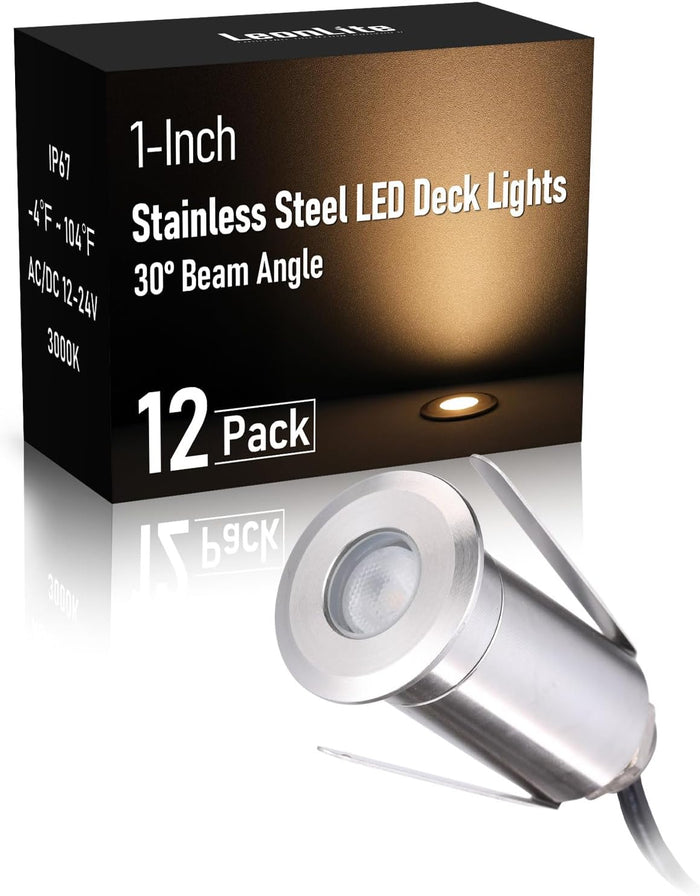 LEONLITE 12-Pack 3000K Recessed Low Voltage Deck Light, Flat Round Aperture