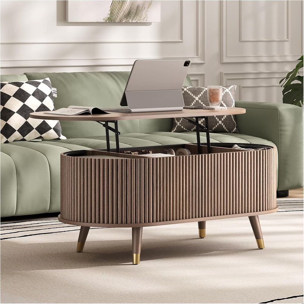 JOINICE Oval Lift Top Coffee Table with Storage for Living Room,Walnut