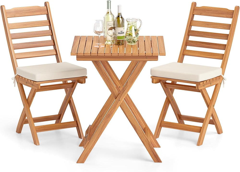 Tangkula Outdoor Wood Bistro Set, Folding Chair Table Set w/Soft Seat Cushion...