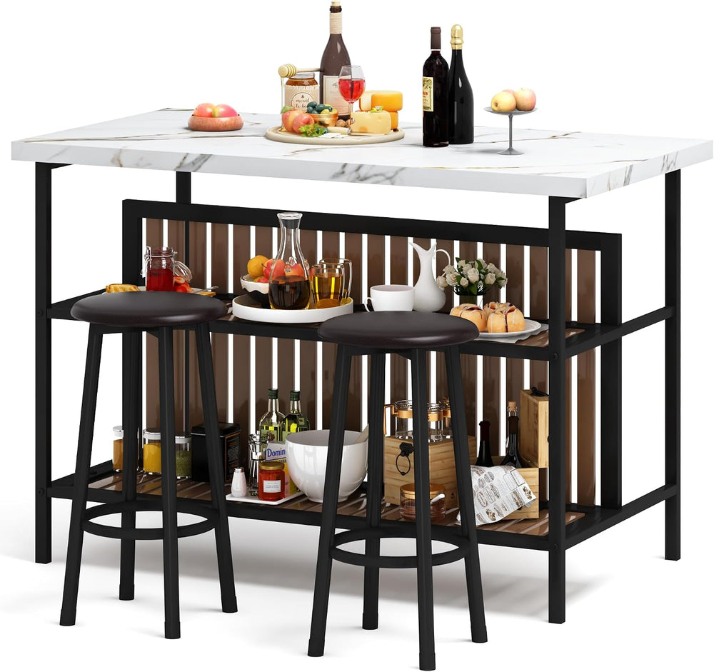 AWQM Kitchen Island with Seating & Storage, Bar Table and Chair Set, White