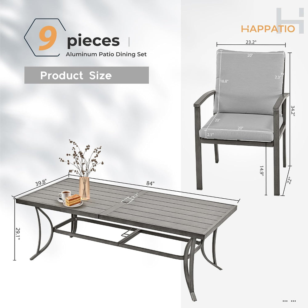 HAPPATIO 9-Piece Patio Dining Set - All Aluminum Table and Chairs for 8, Incl...