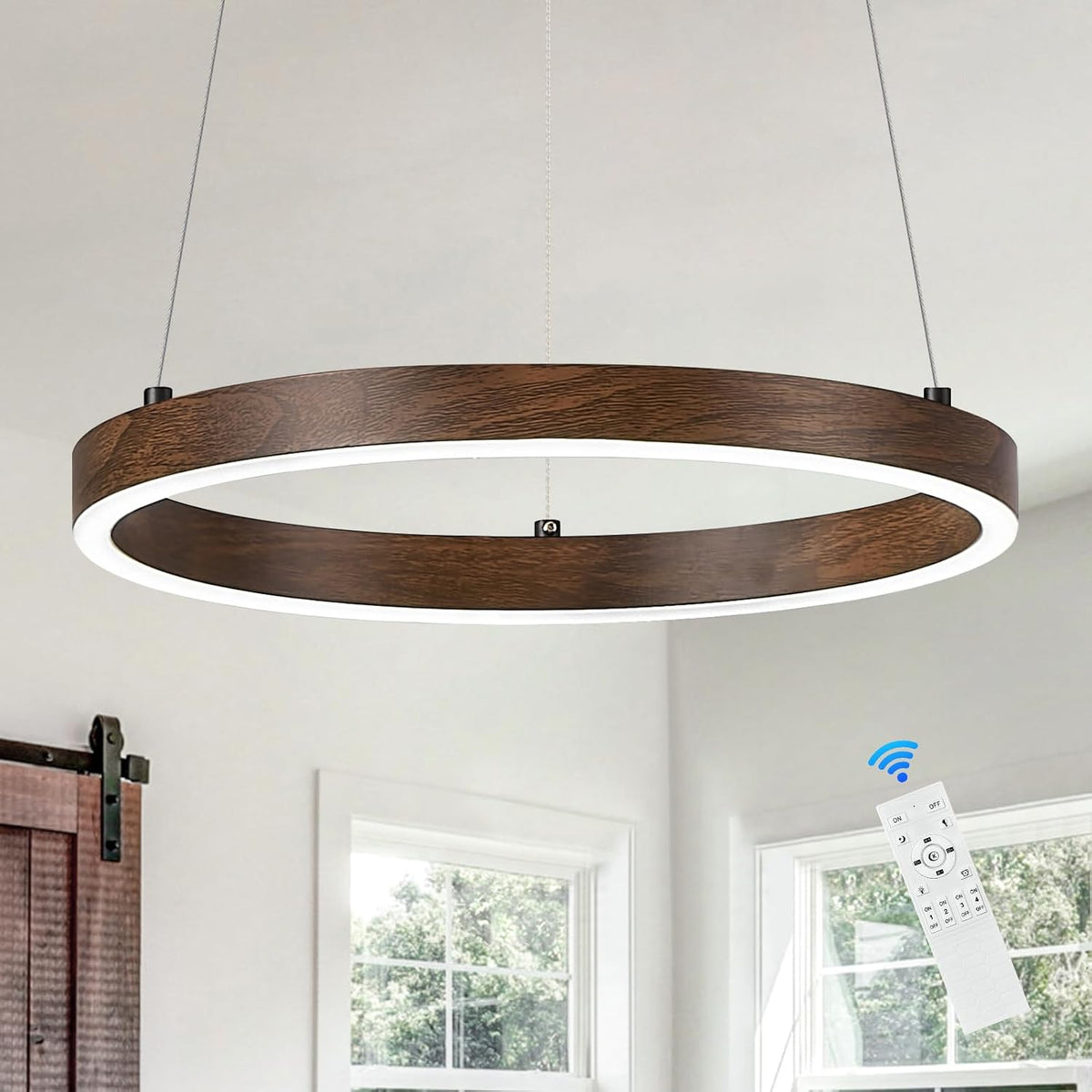 12in led ring chandelier wood grain modern dimmable, main product view