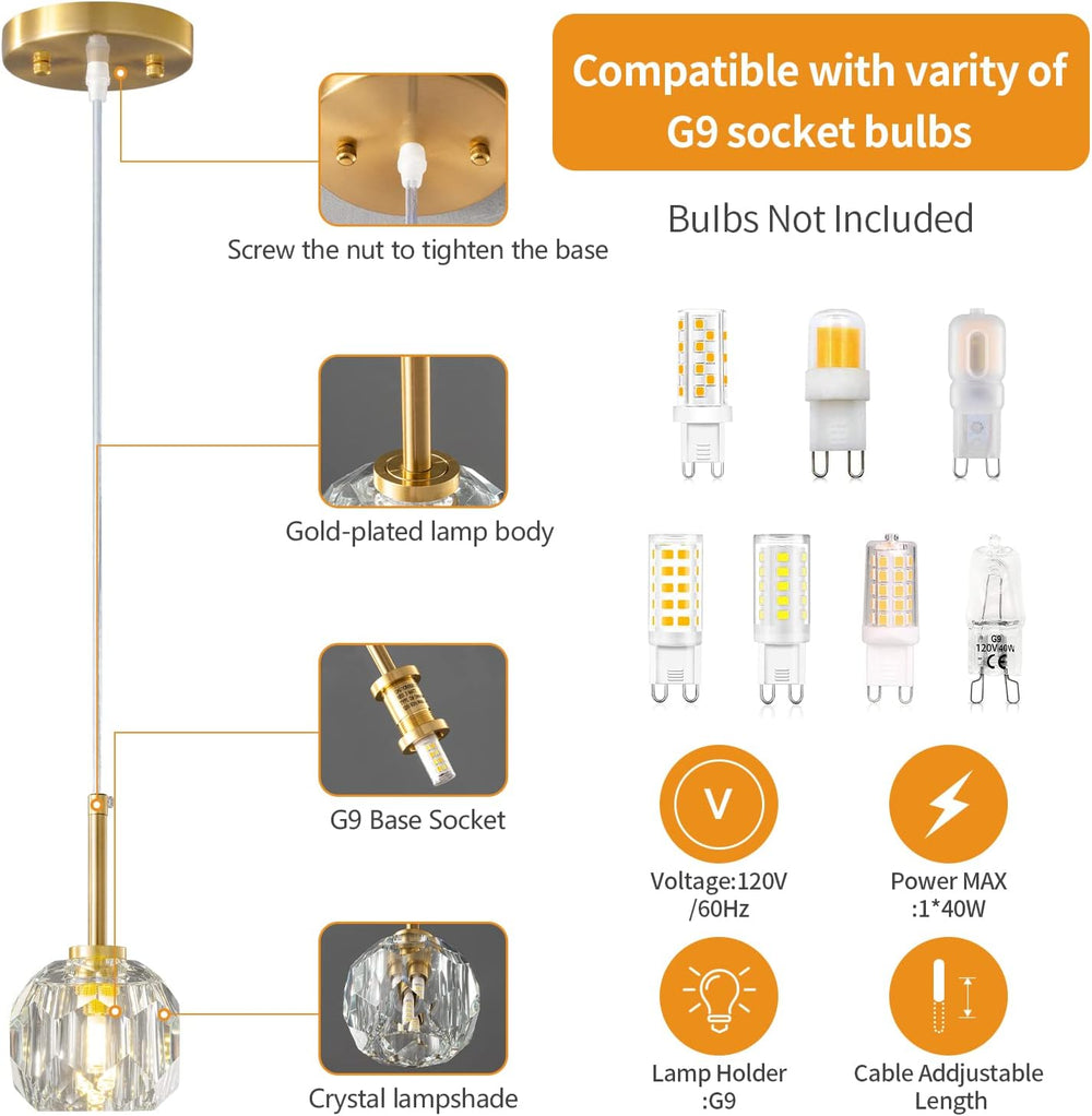 LMQNINE Mini Crystal Gold Pendant Lights Kitchen Island 3 Pack Pendant Light ...