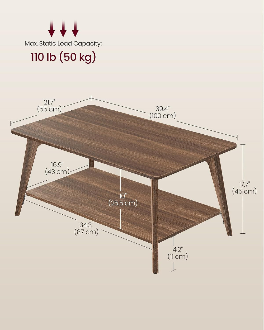 VASAGLE Coffee Table, 2-Tier Center Table with Storage, Tapered Legs
