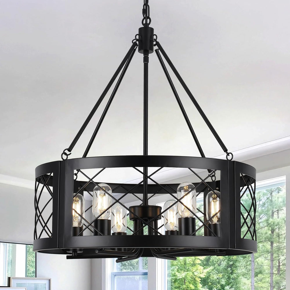 Black Farmhouse Chandelier for Dining Room, 22" Rustic Matte Black Drum ...