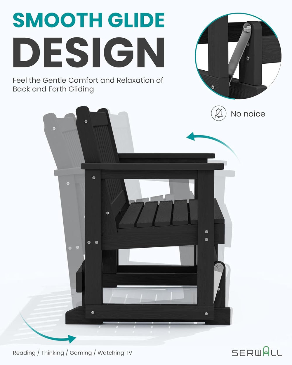 SERWALL 2 Person Patio Glider Bench, HDPE All Weather Swinging Bench, Black