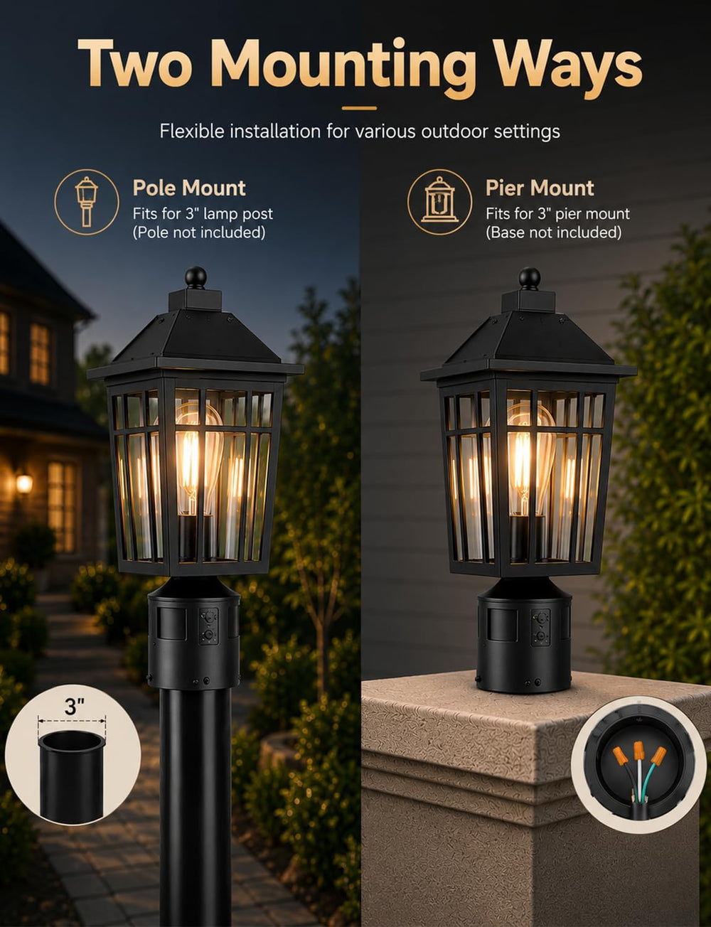Yisuro 360°Motion Sensor Outdoor Post Light, Dusk to Dawn Hardwired Pole Lant...