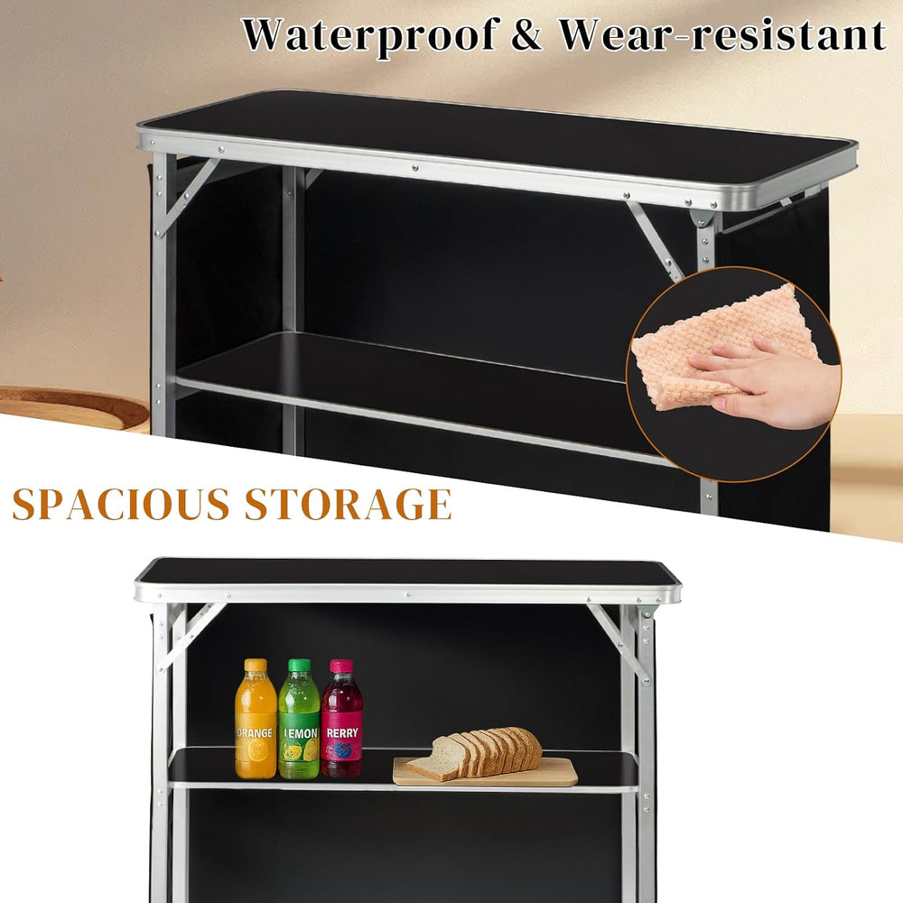 Vasitelan Folding Portable Bar Table with 2 Tier Shelves and Skirt,Black
