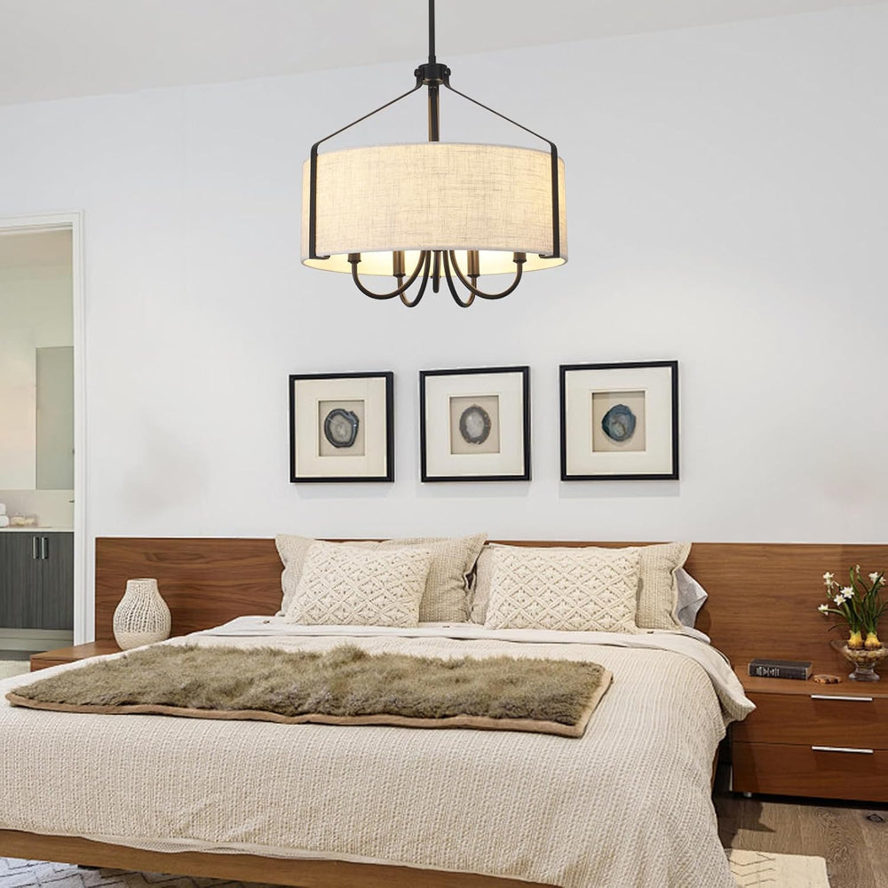 Farmhouse Chandelier for Dining Room, 5-Light Drum Chandelier with Black Meta...