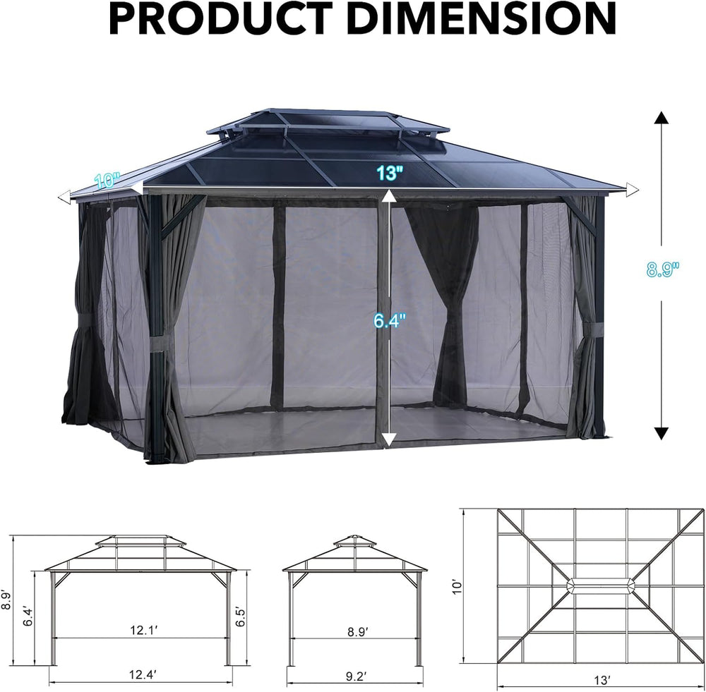 LeDoasis 10' X 13' Hardtop Gazebo, Outdoor Permanent Polycarbonate Do...