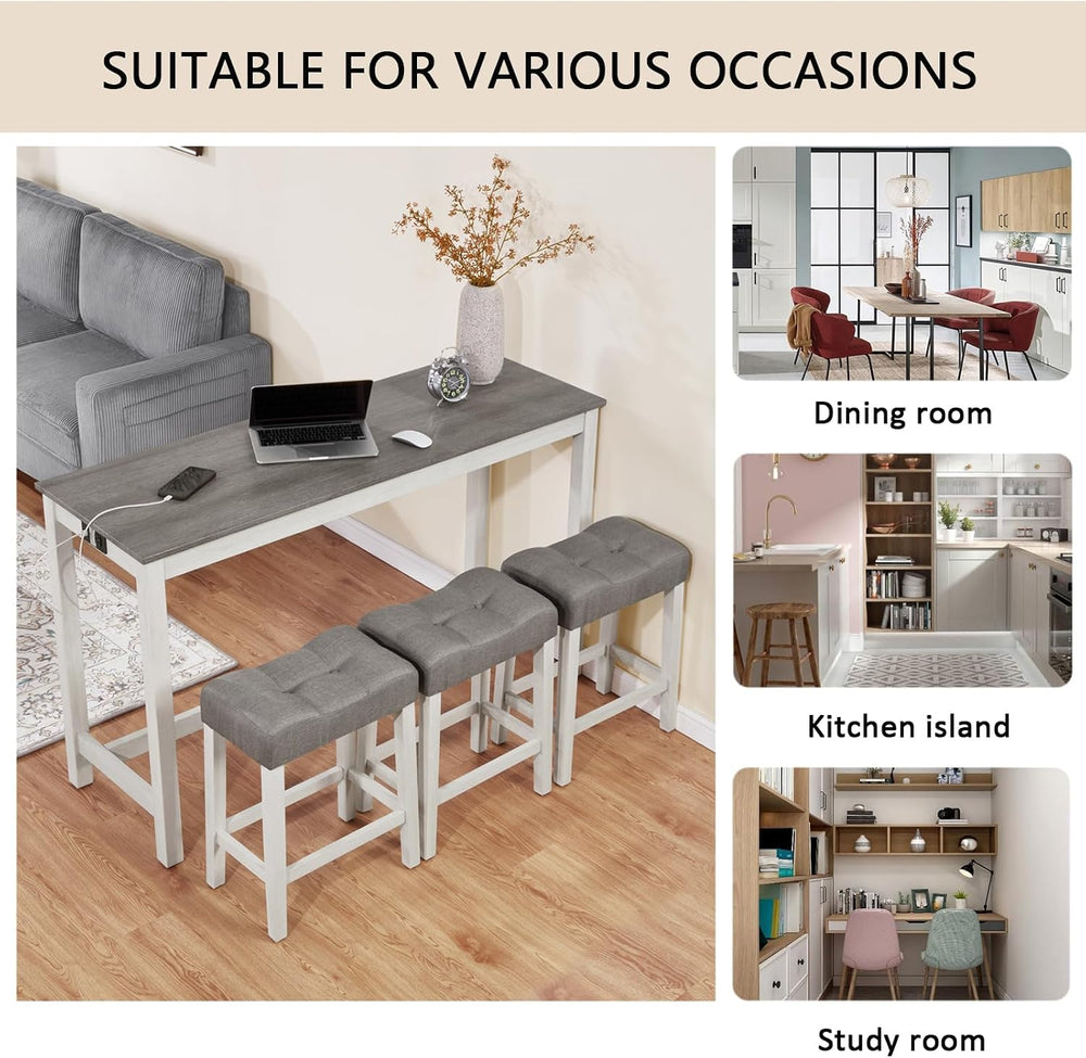 Merax 59 inch Bar Table Set with Power Outlet USB/Type-C, Behind Couch Table ...