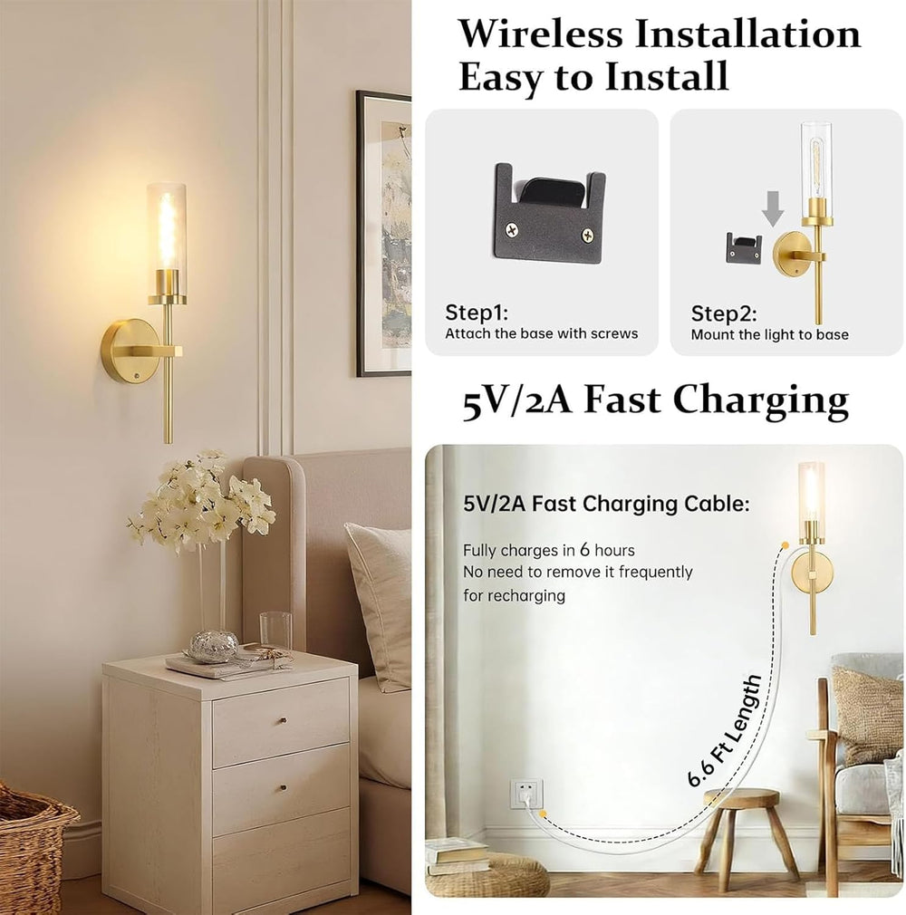 Shenmoyl Battery Operated Wall Sconces Set of 2, Gold Rechargeable Wall Light...