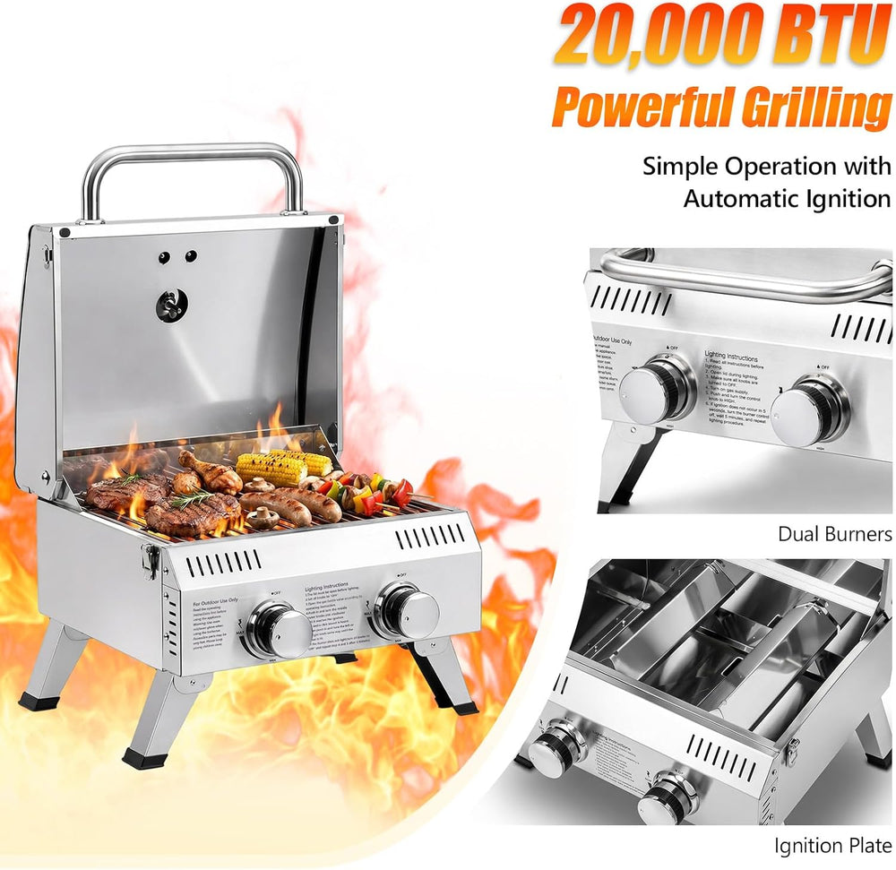 ROVSUN 2 Burner Portable Gas Grill, 20000 BTU Outdoor Tabletop Propane Grill ...