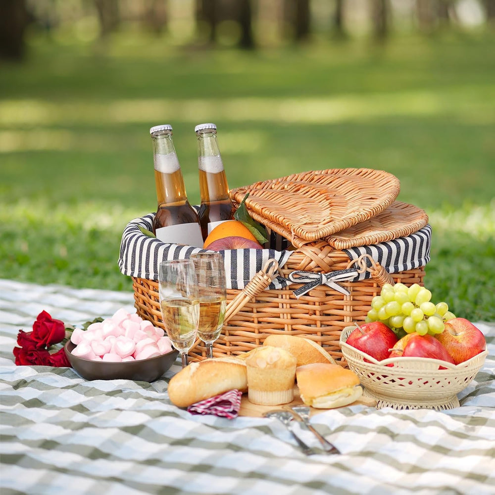 HappyPicnic Wicker Picnic Basket with Handle & Lid, 15" Vintage Hand...
