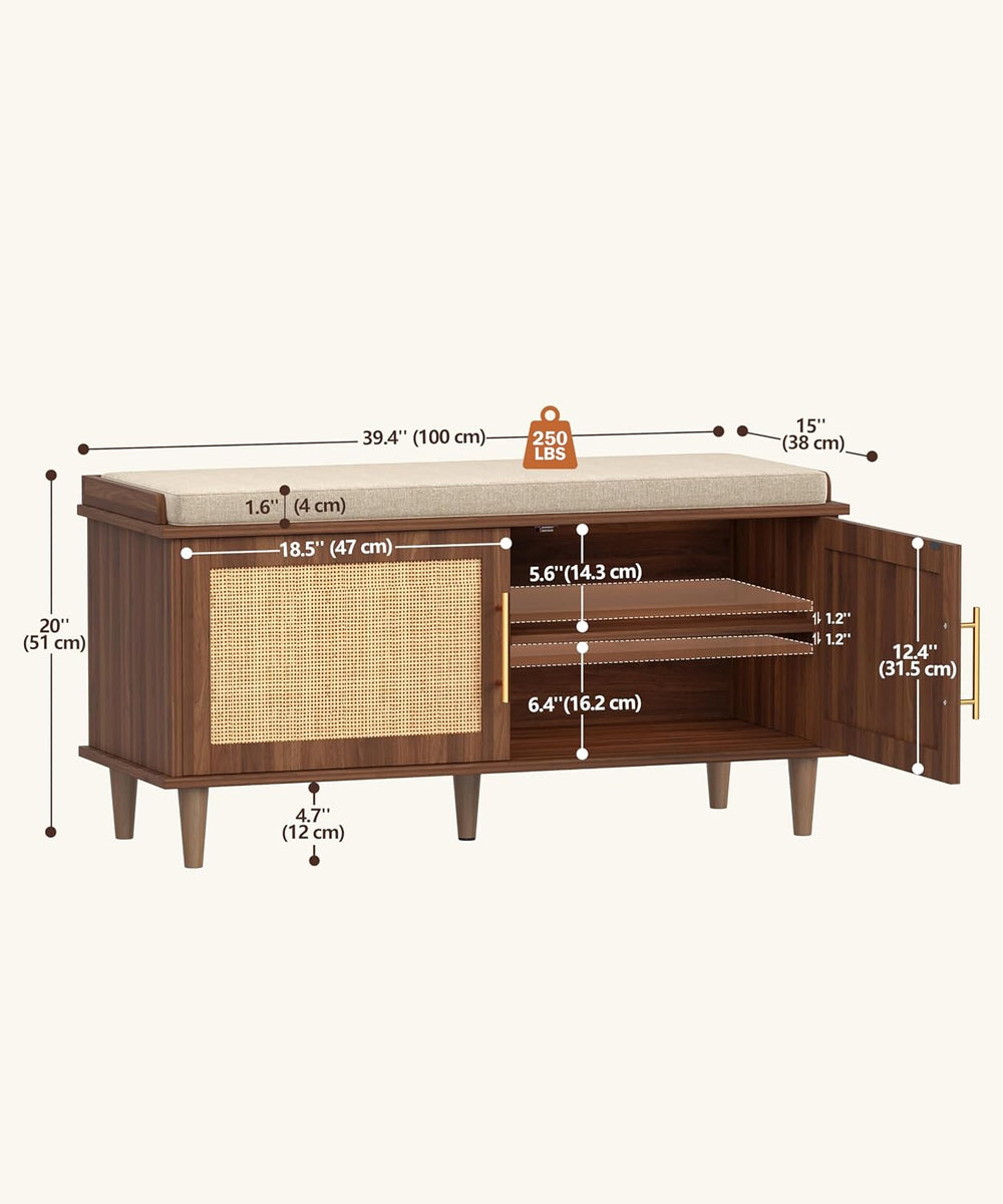 Akxomel 39.4" Rattan Shoe Storage Bench 2 Doors Entryway Bench Walnut