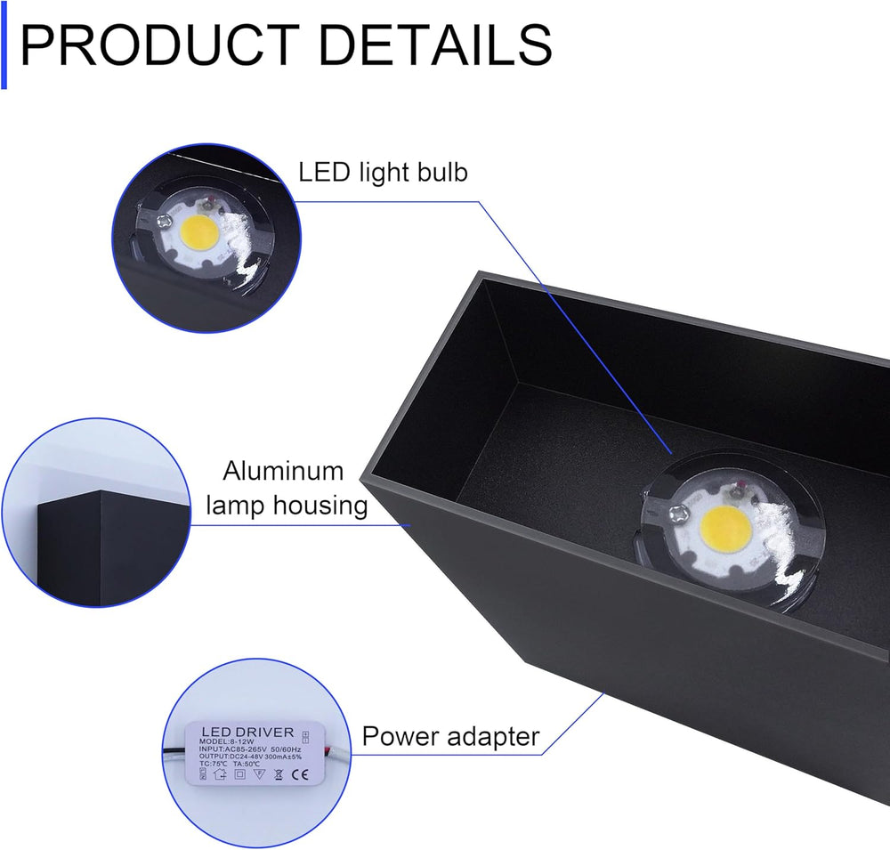 KICAAO LED Wall Sconces Set of Two, 12W Wall Light, Black Warm Light 3000K