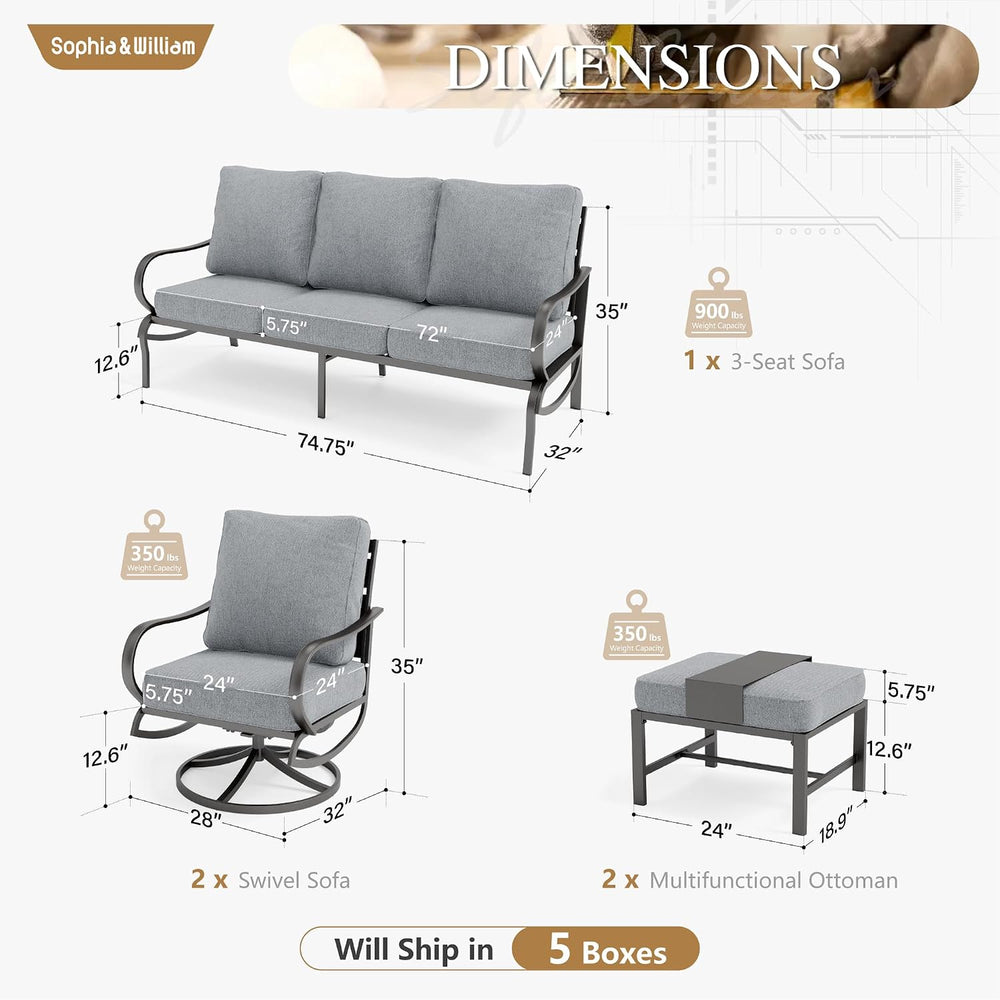 Sophia & William 5 Piece Metal Patio Furniture Set with Gray Cushions