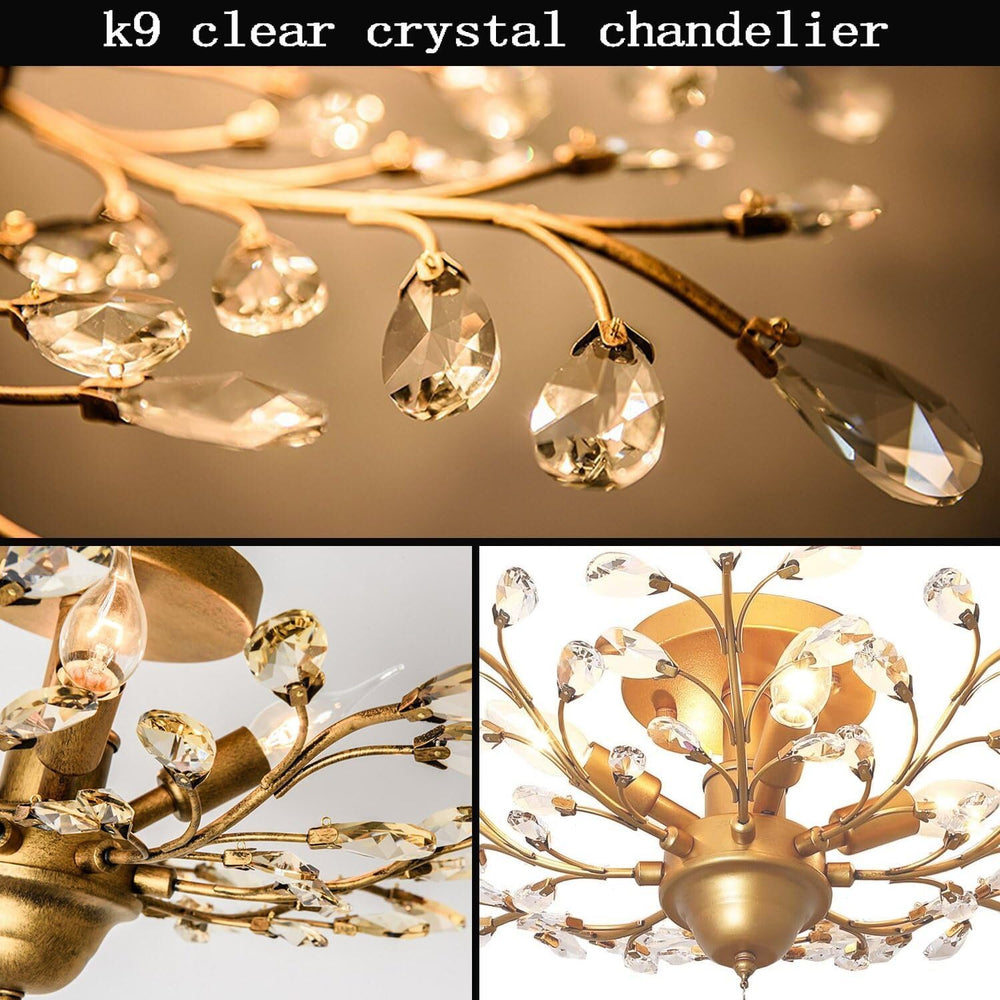Garwarm Gold Flush Mount Chandelier, 4-Light Crystal Ceiling Light