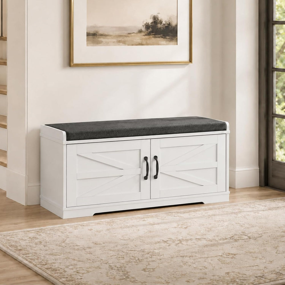 Loomie Shoe Storage Bench, 2-Tier Farmhouse Entryway Bench with Padded Seat C...