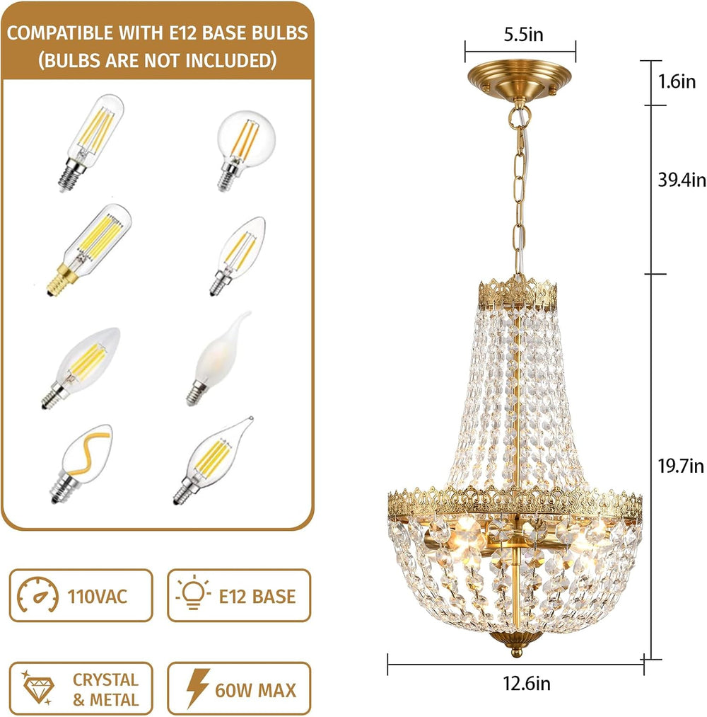 Mini French Country Crystal Vintage Small Brass Chandelier Lighting