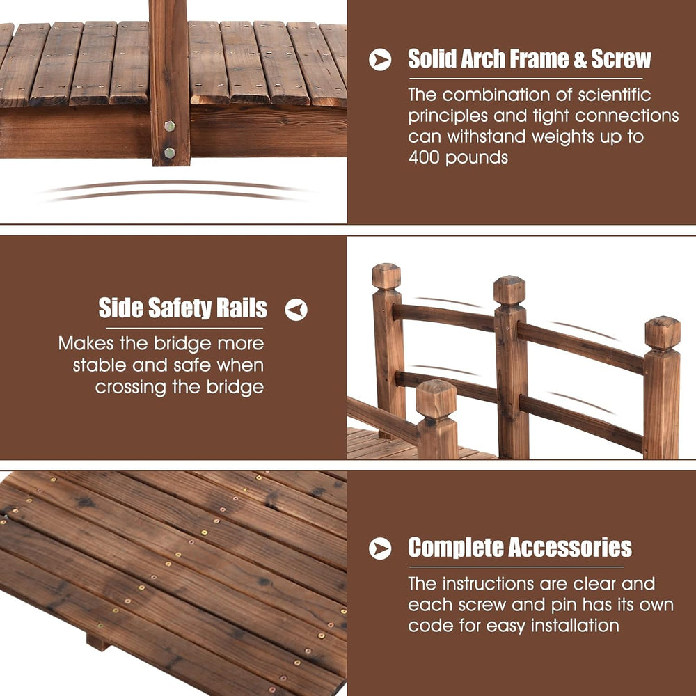 Giantex 5 FT Wooden Garden Bridge, Stained Wood Arc Footbridge with Railings,...