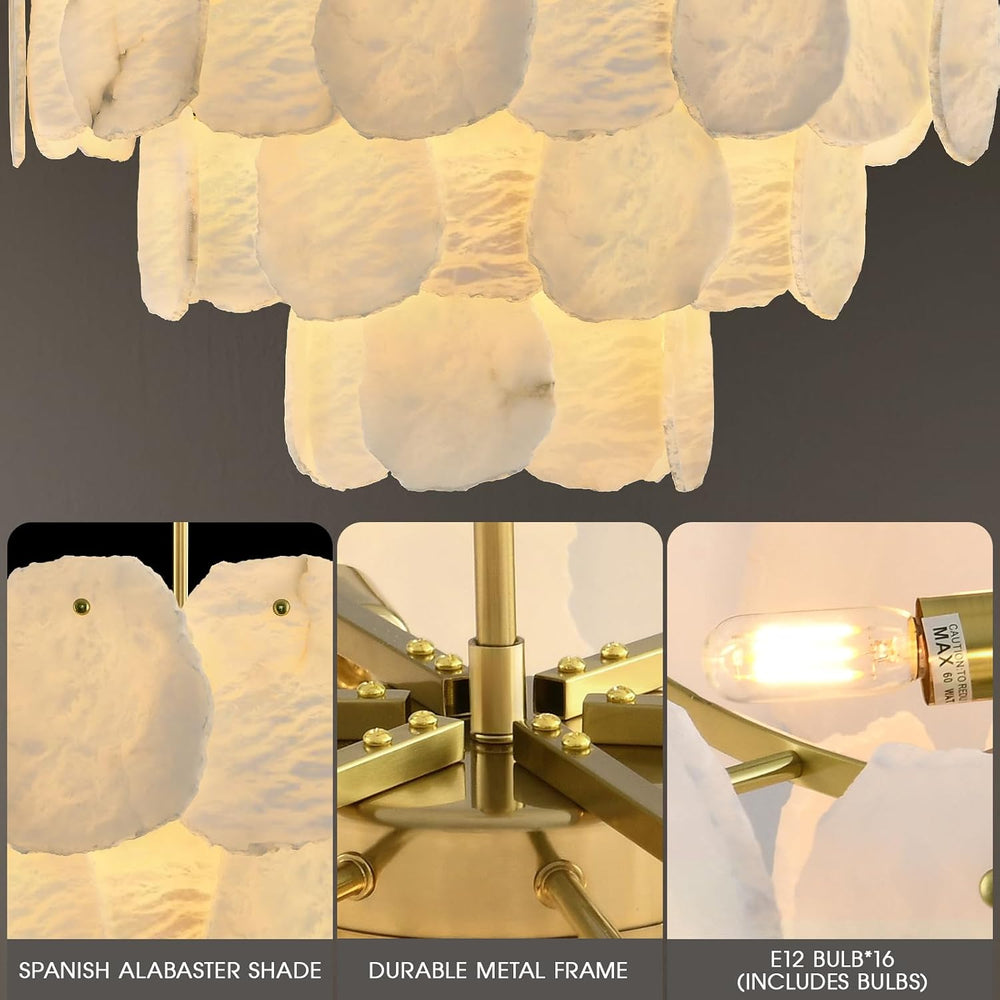 32″ Alabaster Chandelier, 16-Light Marble Round Chandelier, Modern Dining Roo...