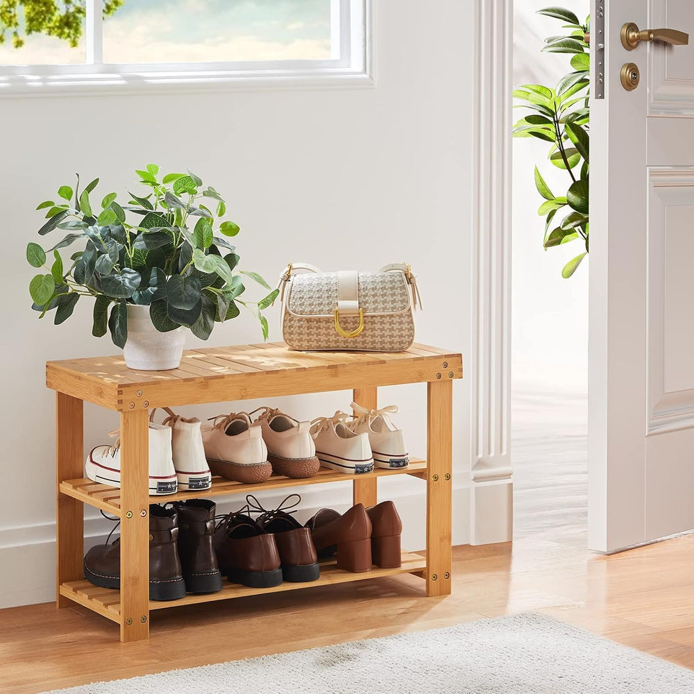 Pipishell 3 Tier Bamboo Shoe Rack Bench for Entryway, Natural