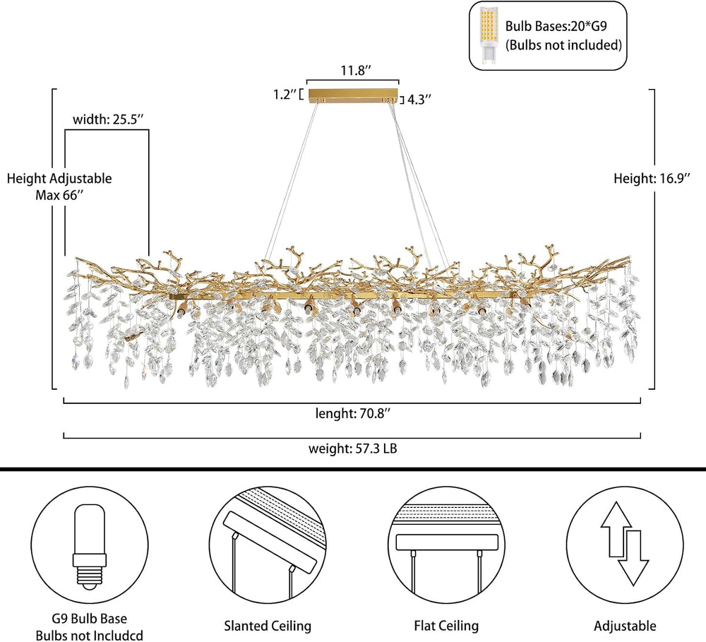 71" Modern Crystal Chandelier, 20-Light Gold Tree Branch Chandelier, Lux...