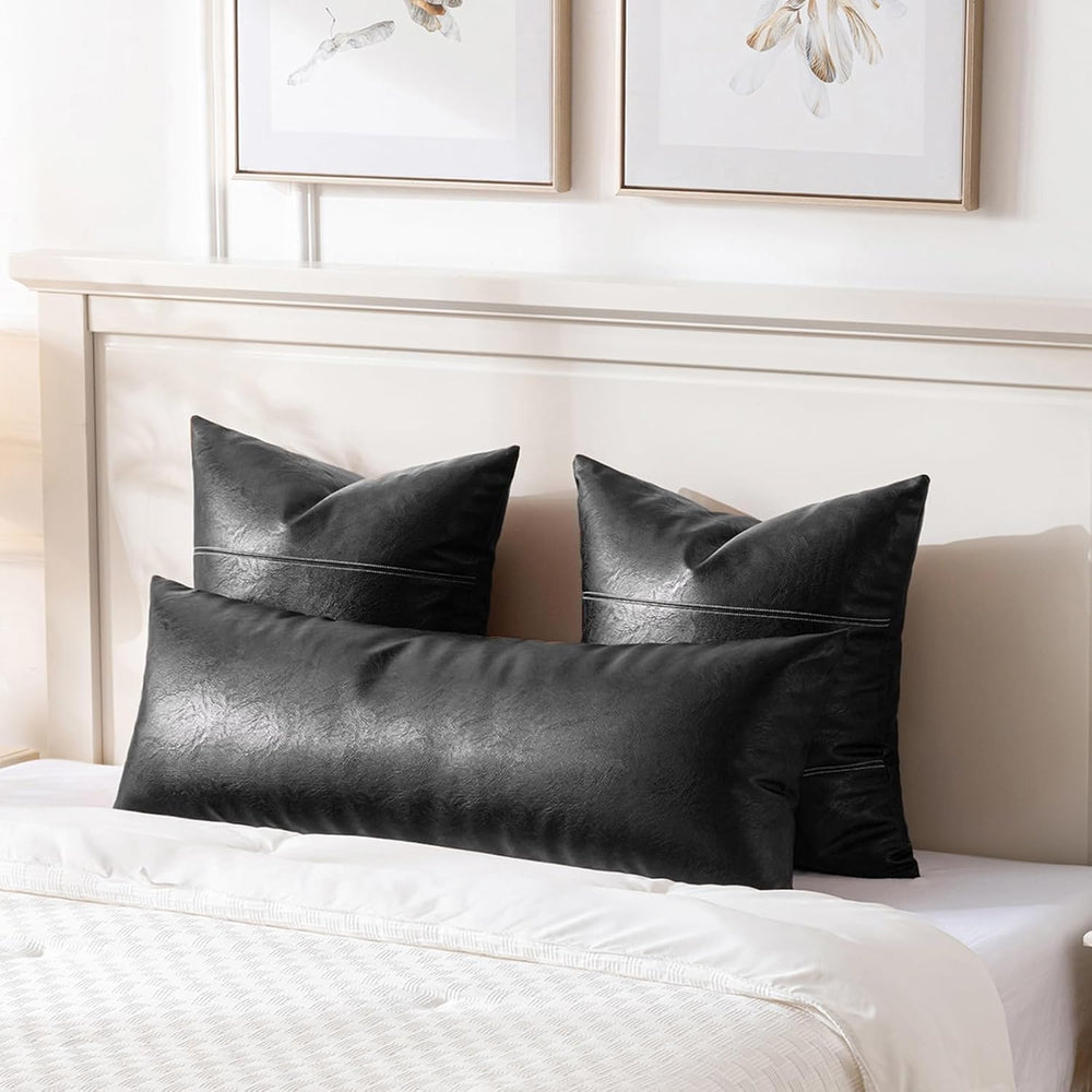 Fancy Homi Black Boho Long Lumbar Faux Leather Body Decorative Throw Pillow C...