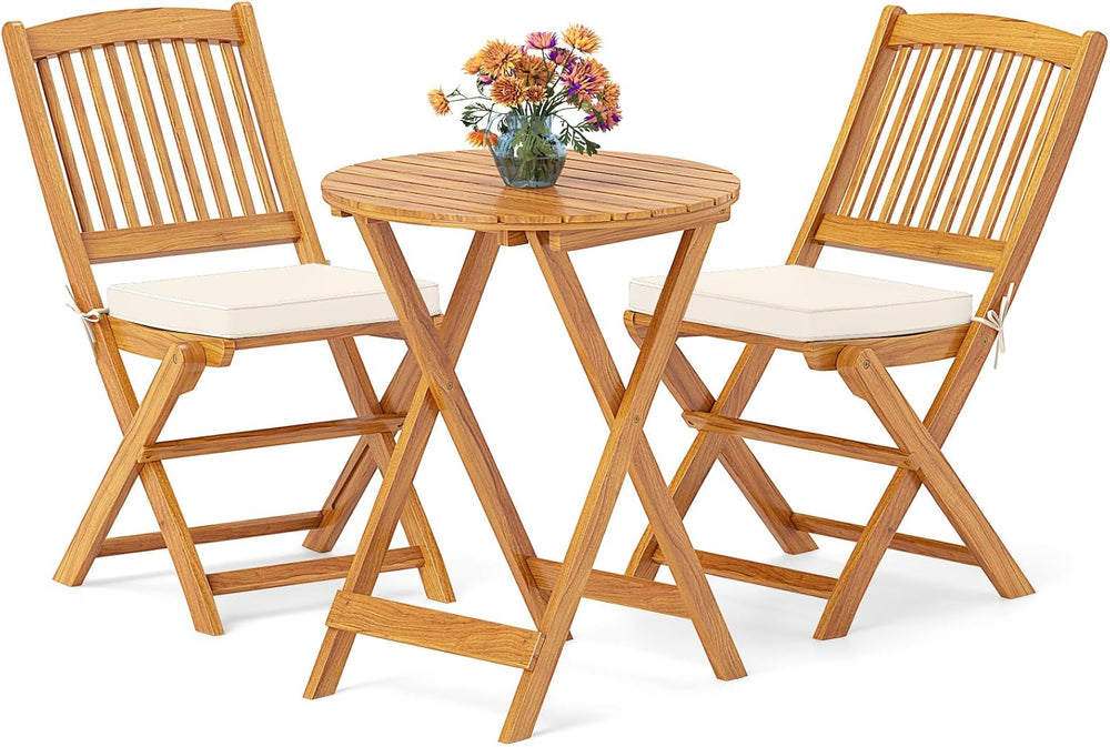 GIANTEX Patio Bistro Set 3 Pieces, Outdoor Acacia Wood Folding Table & Ch...
