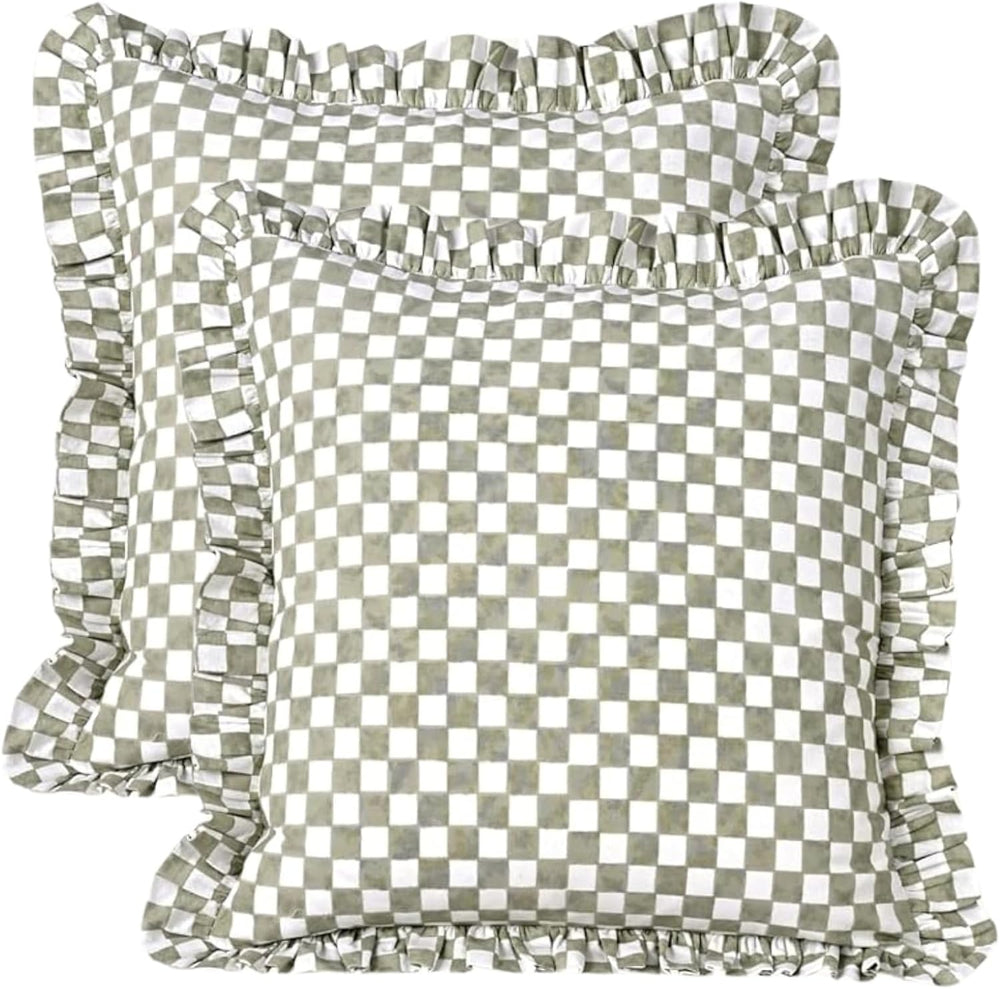 CPC Sage Gingham Print Ruffle Throw Pillow Cover 18x18 Inch, Pack of 2