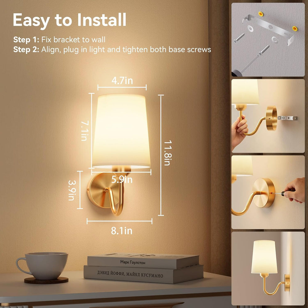Battery Operated Wall Sconces Set of 2, Remote Control, RGB Bulb, Gold