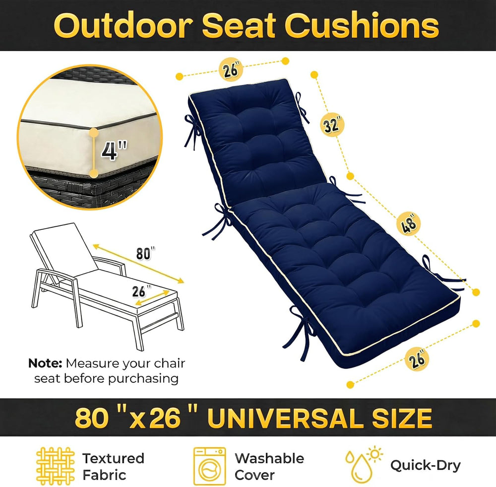 2 Pack 80x26 Inch Folding Chaise Lounge Cushion Quick Dry (Blue)