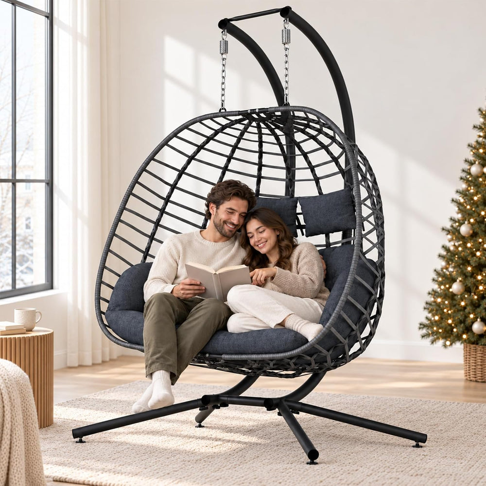 Double Egg Swing Chair with Stand, Outdoor 650LBS, Dark Gray