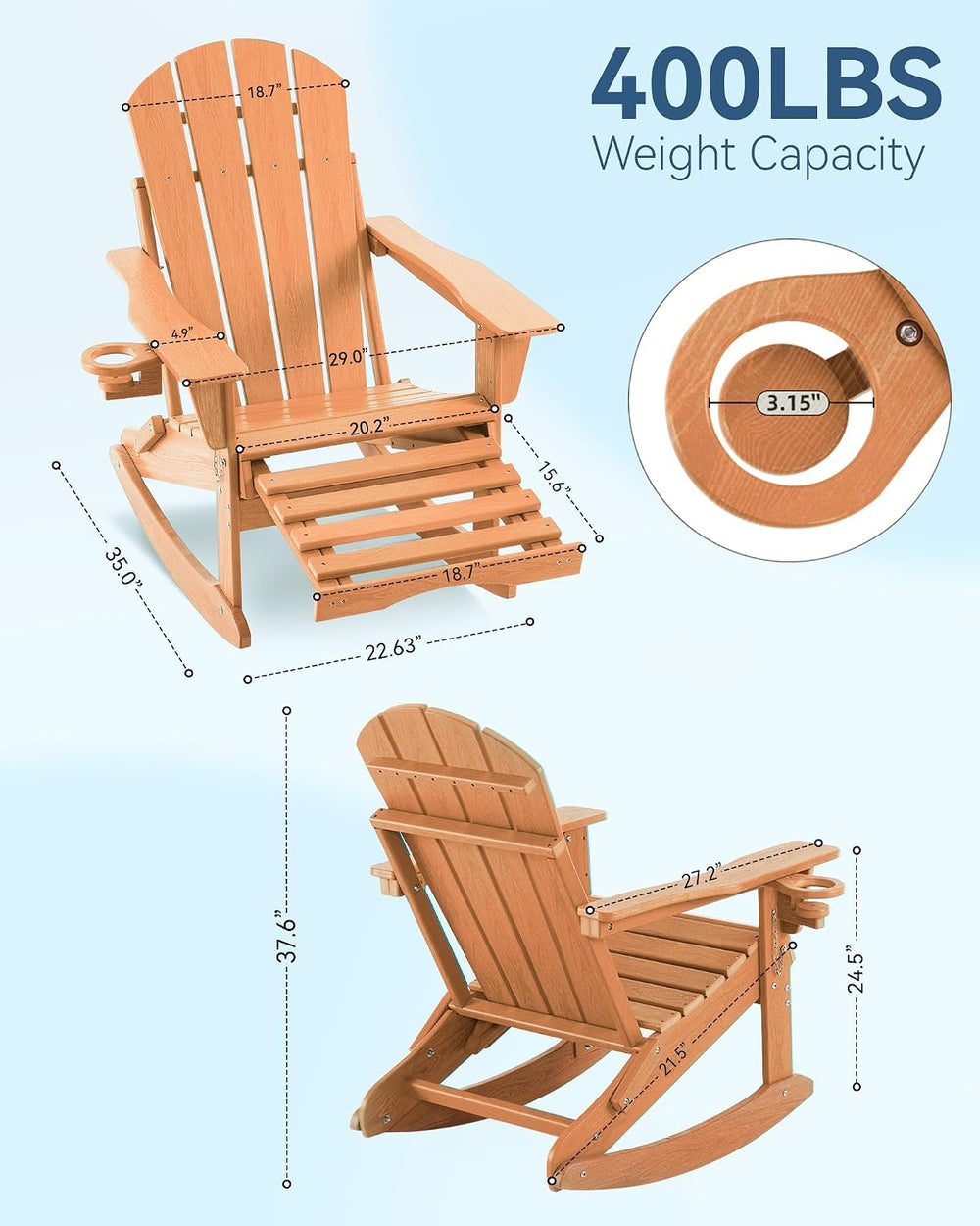 Adjustable Adirondack Rocking Chair with Retractable Ottoman, 4-in-1 Multifun...