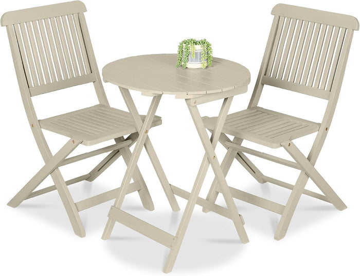 Best Choice Products 3-Piece Acacia Wood Bistro Set, Folding Patio Furniture for Backyard, Balcony, Deck w/ 2 Chairs, Round Coffee Table, Teak Finish - Cream