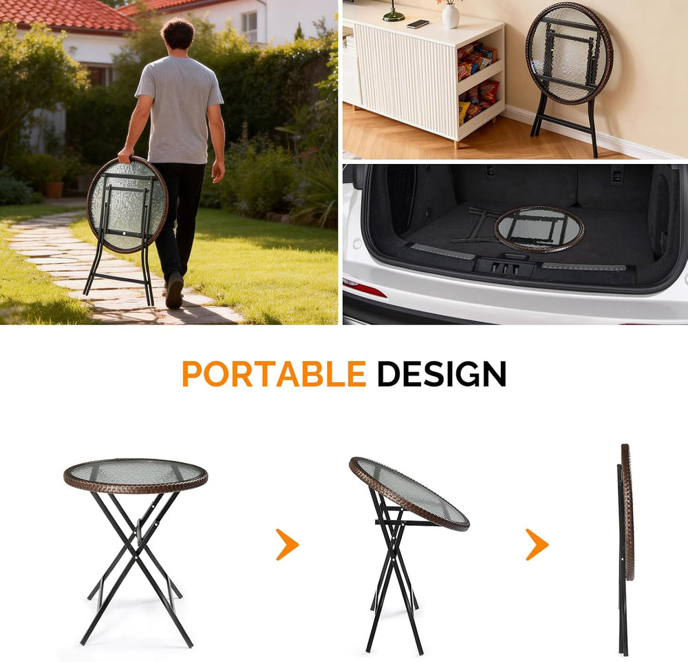 VINGLI 23.6in Modern Brown Rattan Folding Glass Outdoor Side Table, Small Pat...