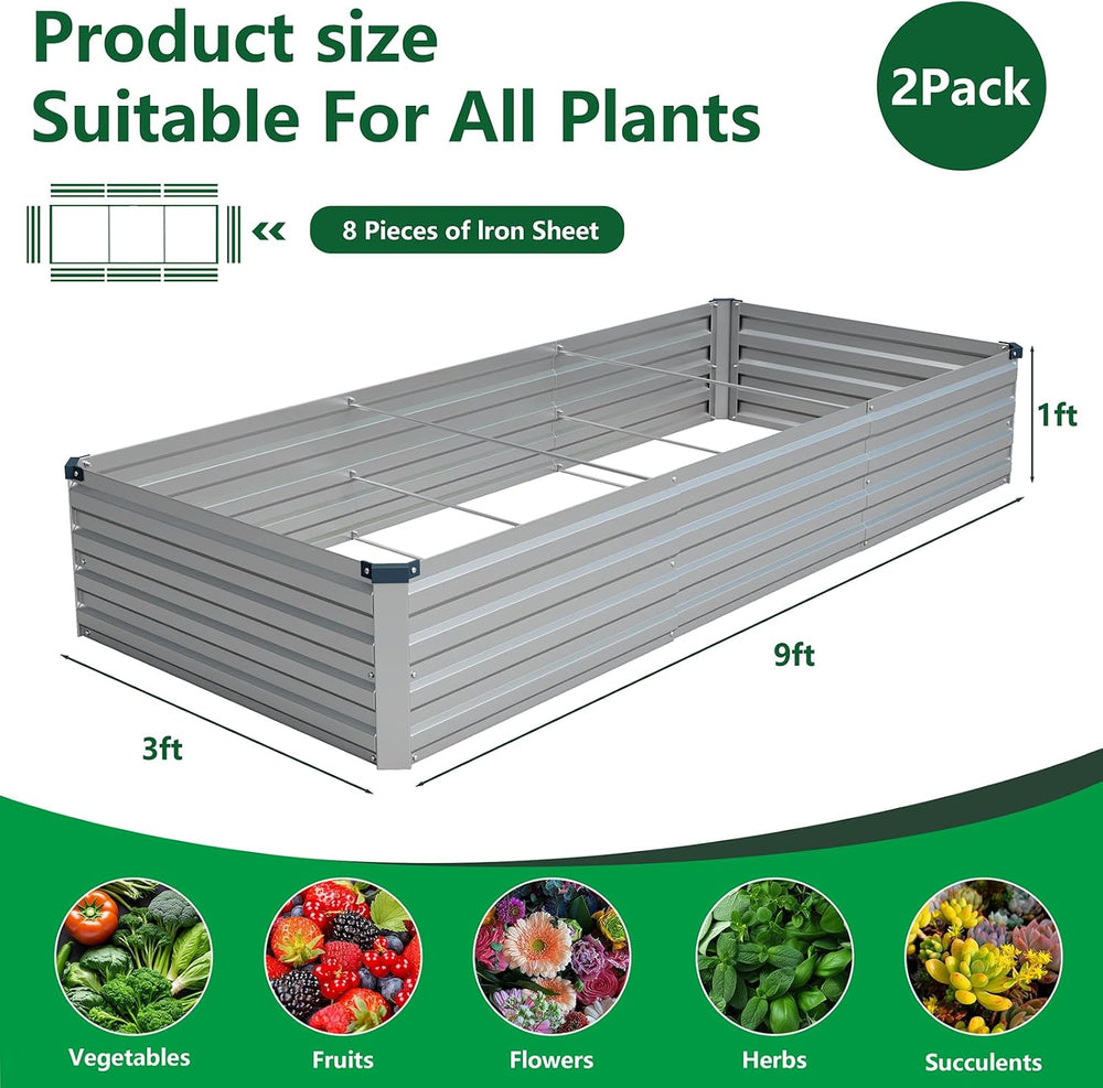 Vengarus 2PCS 9x3x1ft Galvanized Raised Garden Beds Kit,Planter Box Silver
