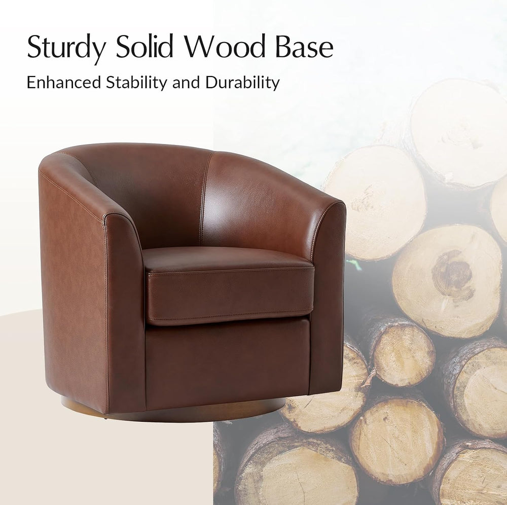 HULALA HOME Genuine Leather Swivel Barrel Chair with Solid Wood Base, Brown