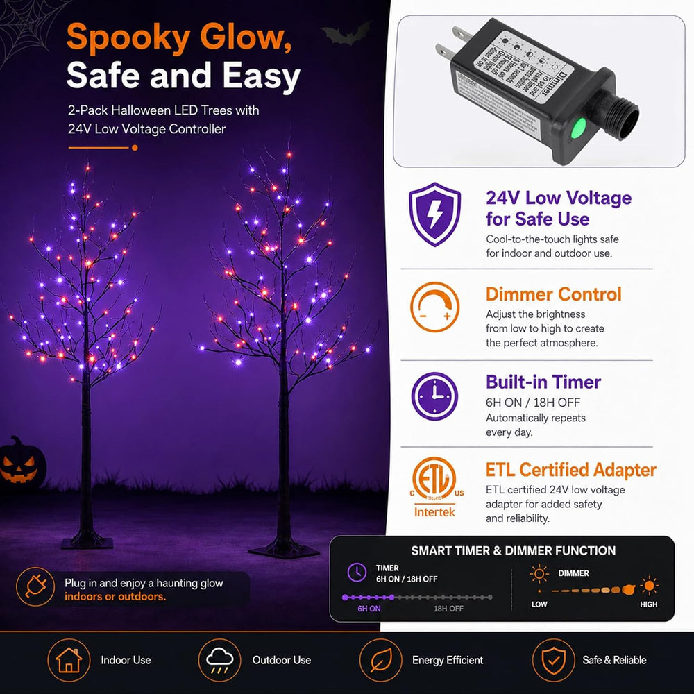 5FT LED Lighted Halloween Tree 2-Pack Orange and Purple Lights Décor