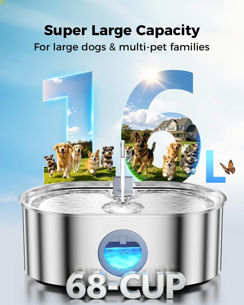 4.2Gal Extra Large Dog Water Fountain, 16L Stainless Steel Pet Water Fountain...